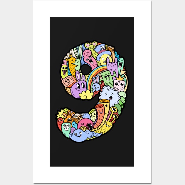 Number 9 nine -Funny and Colorful Cute Monster Creatures Wall Art by funwithletters